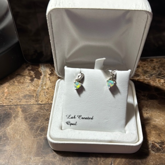 Lab Created Opal Silver Earrings – Green Gemstone Sparkly Studs” - Picture 3 of 5